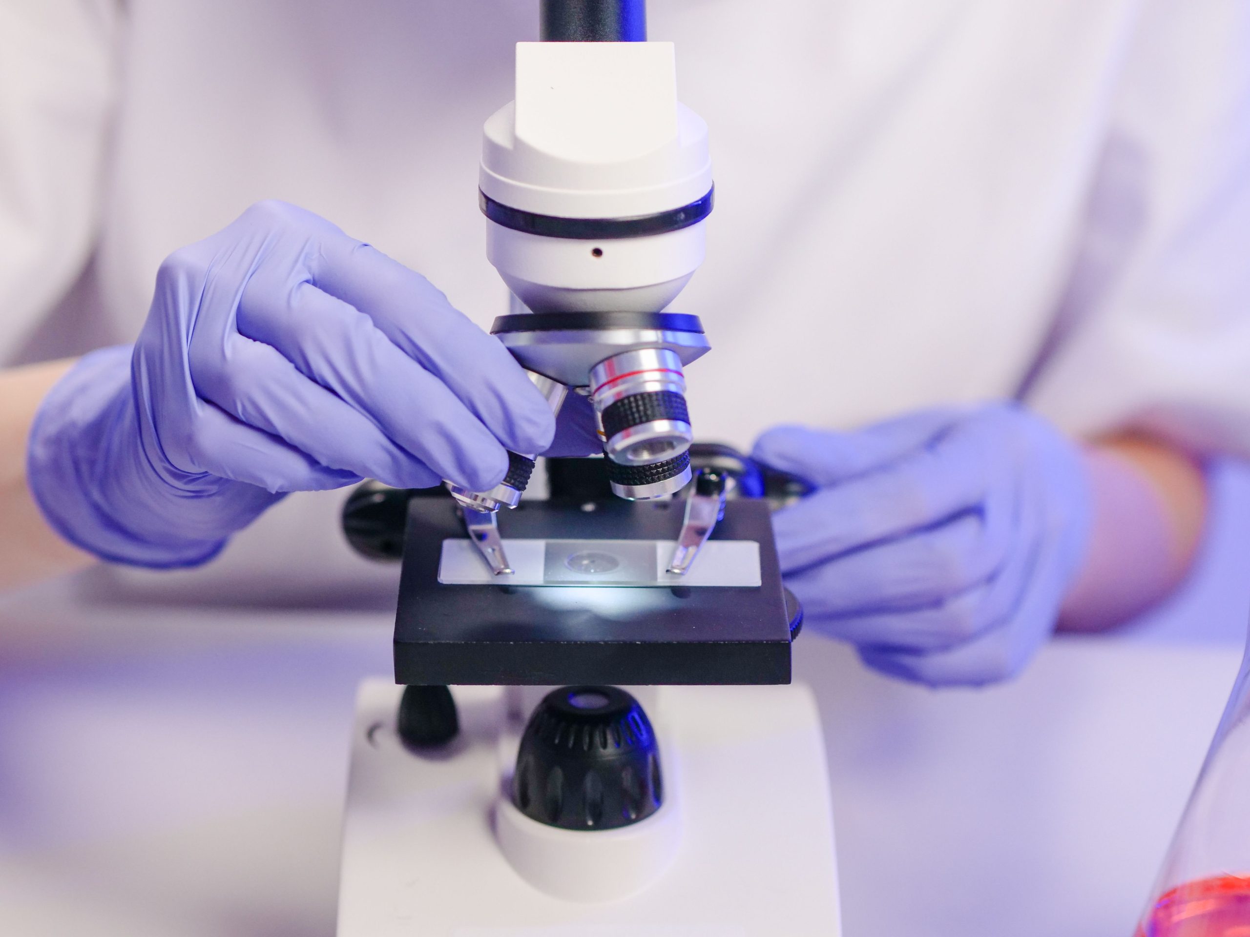 Scientifique portant des gants au microscope